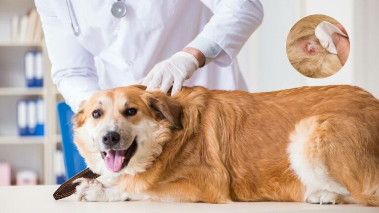 Veterinário examinando cão com dermatite canina.