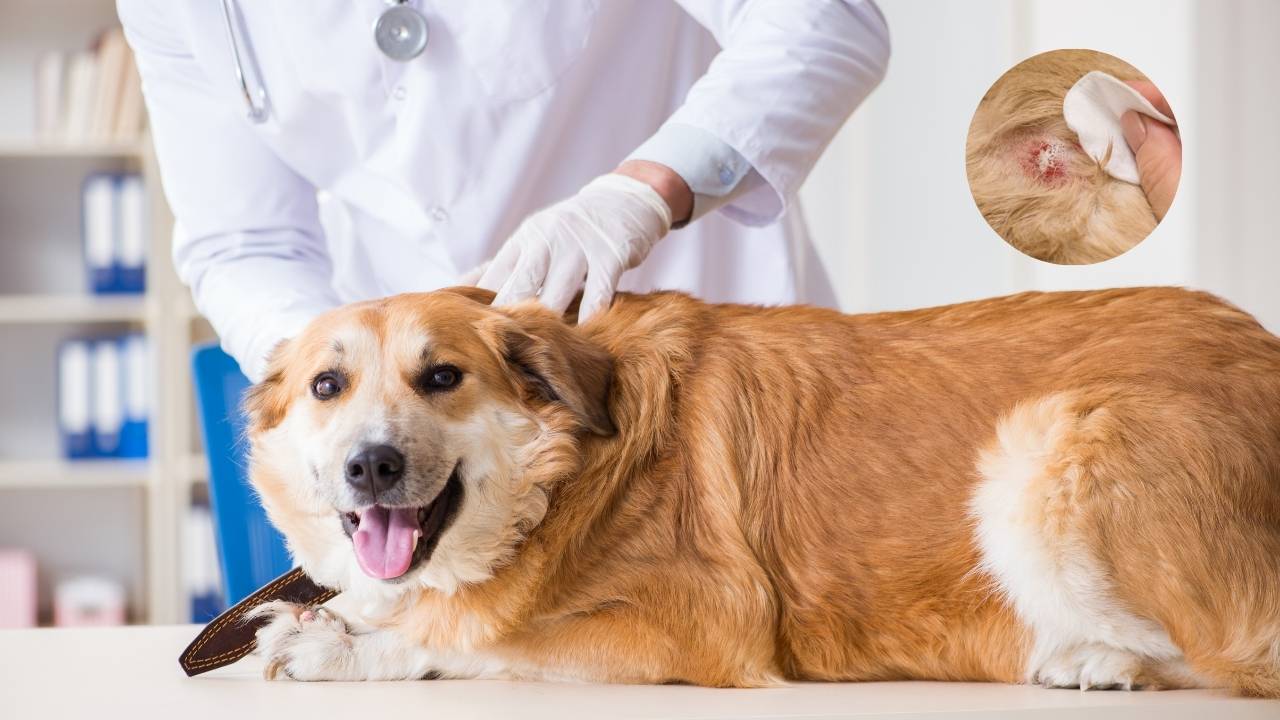 Veterinário examinando cão com dermatite canina.