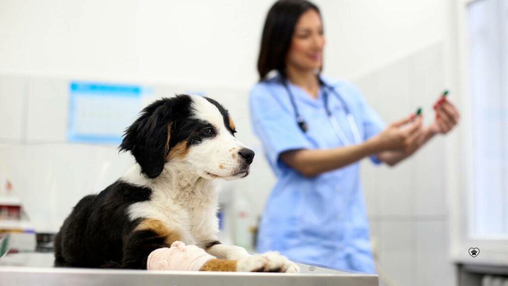 Veterinária tratando dermatite canina.